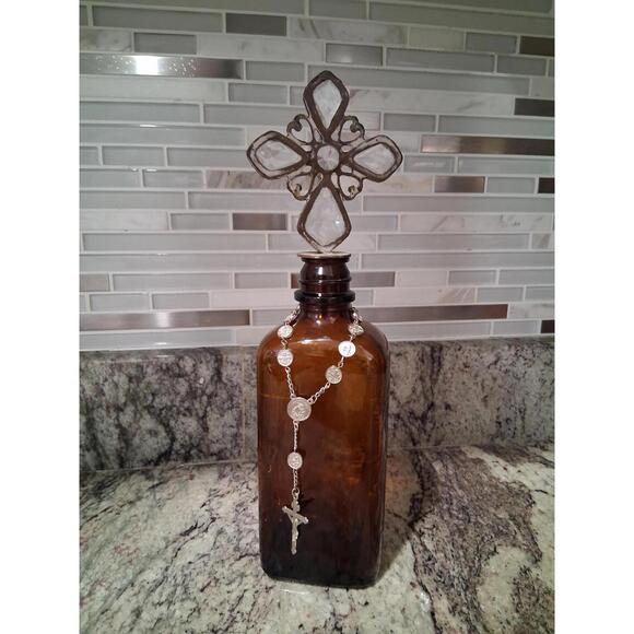 Vintage Brown Glass Stopper Bottle Cross Religious Annointing Oil Bottle